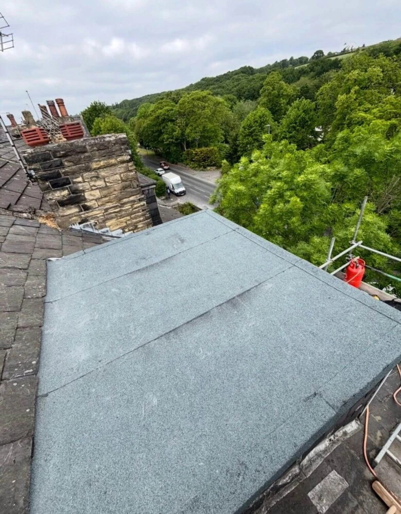 Flat roof viewed from above over a tree-lined Leeds street